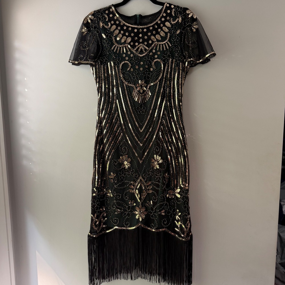 SWEETV Flapper Dress Women Medium Green Gold Art Deco Roaring 20s Gatsby